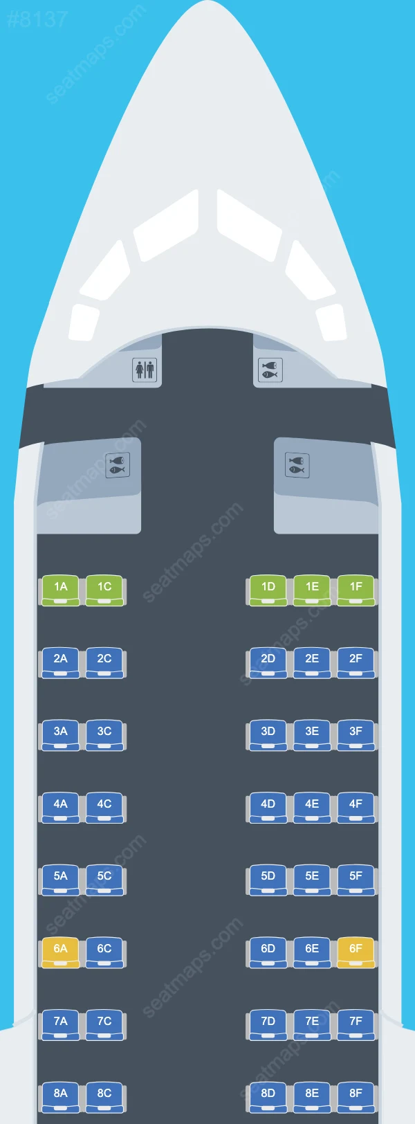 Схема салону Aerovías DAP у літаку Avro RJ100 Avroliner RJ100