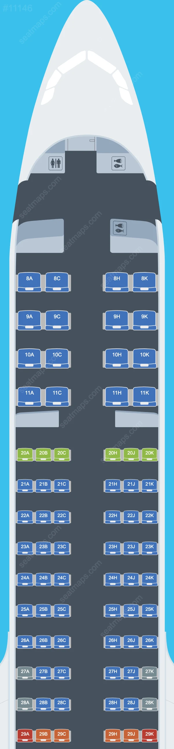 Seat map of Airbus A321 Egyptair updated 2024