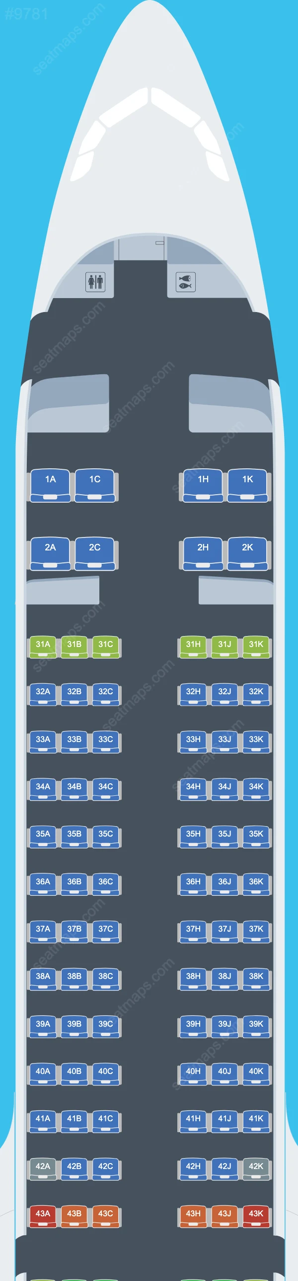 Схема салона Juneyao Air в самолете Airbus A321 A321-200neo